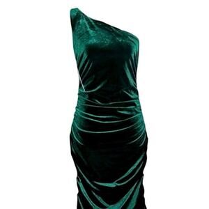 HOUSE OF HARLOW 1960 Luxe Velvet Ruched One Shoulder Bodycon Dress Emerald-Sz XS